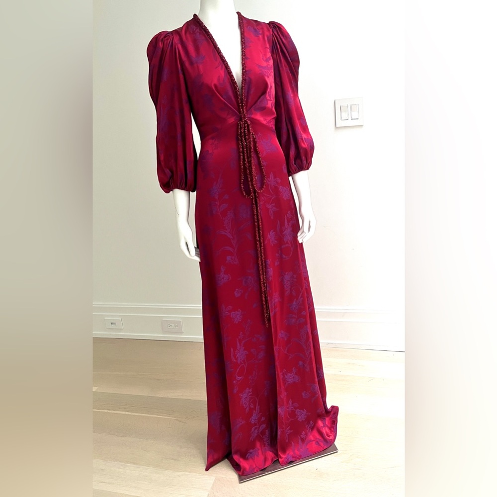 Sachin + Babi Crimson and Violet Satin Floral Gown